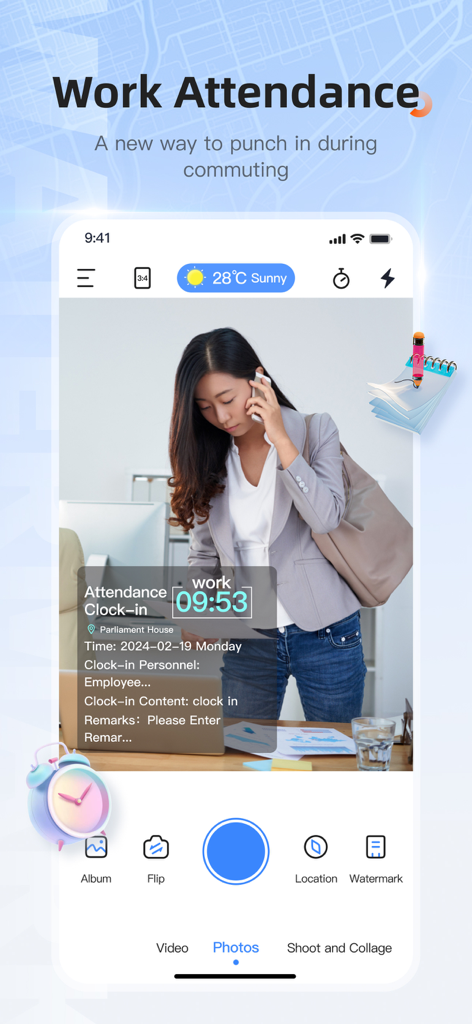 A professional using the timestamp camera app for work attendance clock-in with location and time data.