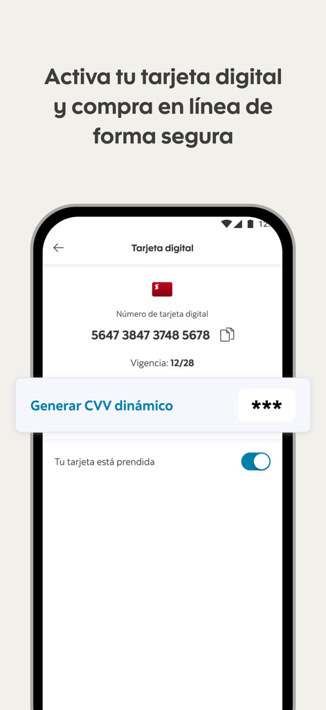 ScotiaMóvil MX - Interface of the ScotiaMovil MX app showing digital card details and a dynamic CVV generation button for secure online shopping.