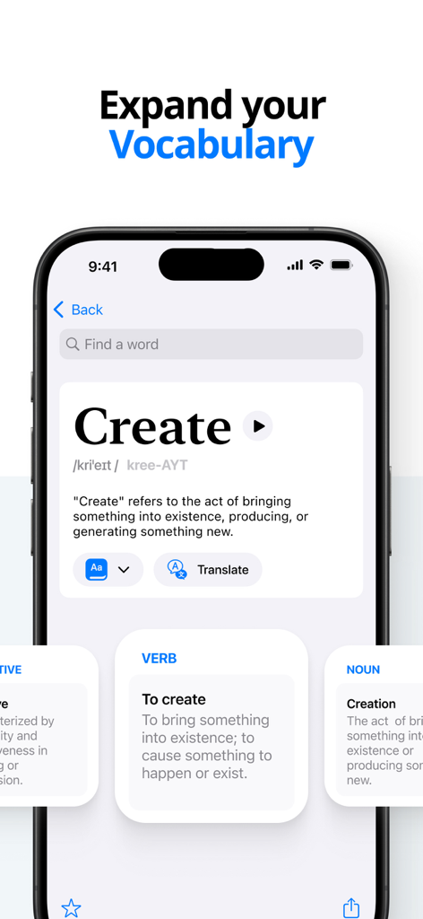 Interfaz de la aplicación Dictionary Air en un iPhone que muestra la definición y pronunciación de la palabra Create