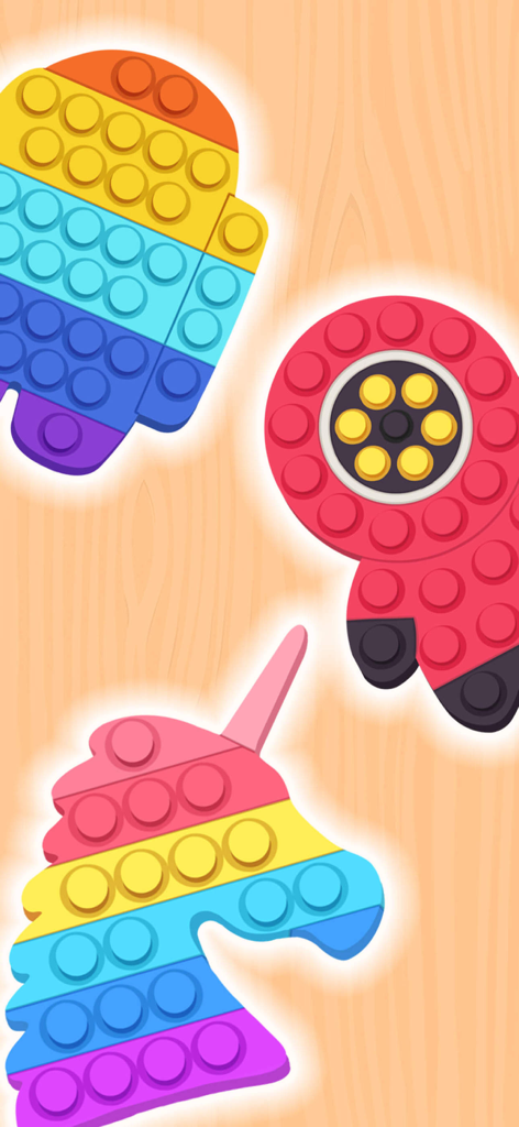 Rainbow colored pop it fidget toys in various shapes including a unicorn and popsicle.