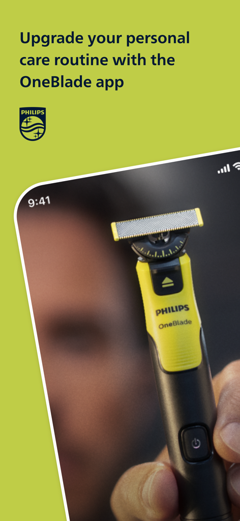 Gros plan d'un rasoir Philips OneBlade avec du texte sur l'amélioration des routines de soins personnels à l'aide de l'application