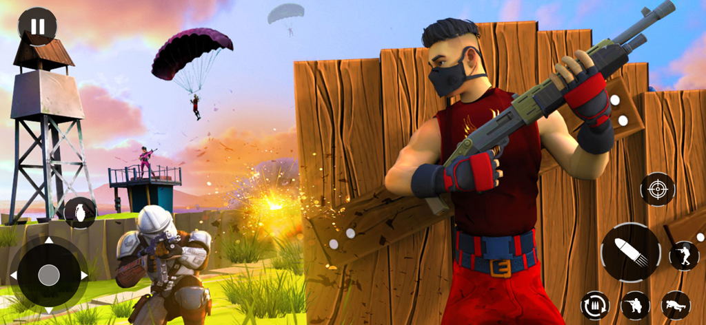 Clash Squads Battle Royale 3D - A character with a shotgun taking cover behind a wooden fence during a fast paced battle royale match