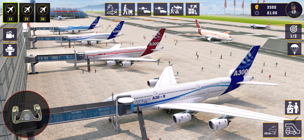 Pilot Airplane Simulator Games - Múltiples aviones comerciales estacionados en las puertas de la terminal en un juego de simulador de vuelo