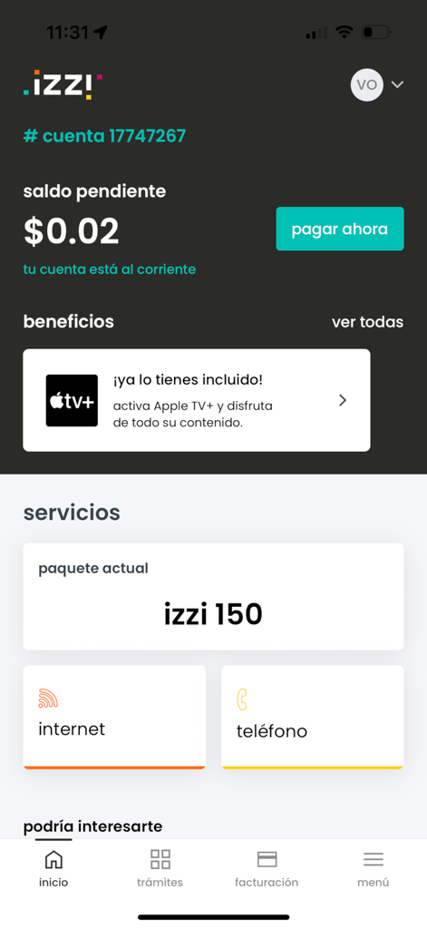 izzi - Screenshot of the izzi app home screen displaying account balance payment button and subscribed services