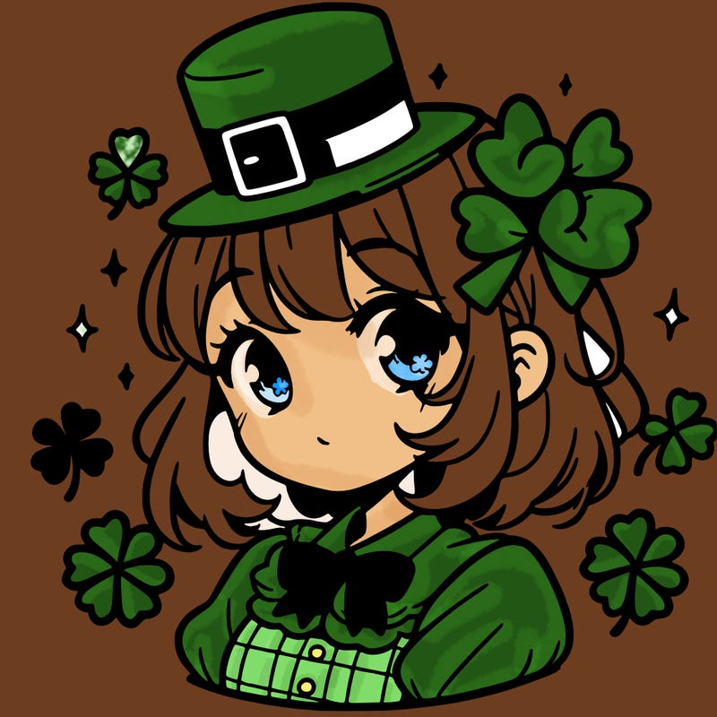 a manga-style girl with clovers around her, a little hat in her hair, like it's saint patrick's day