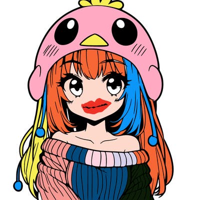 anime girl with chick shaped hat with sweater with bare shoulders with bangs covering them one eye with low tail