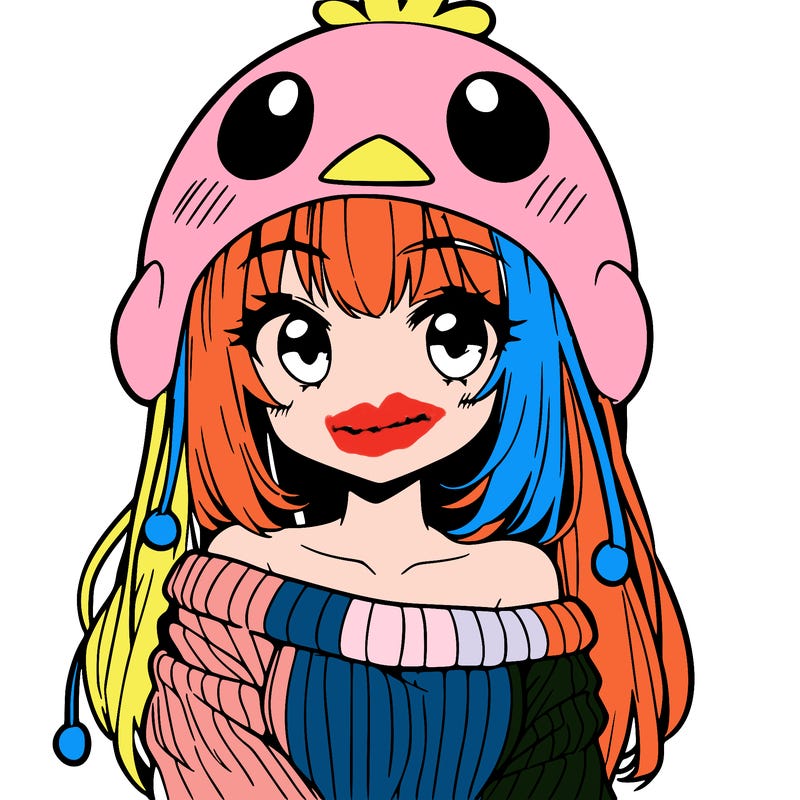 anime girl with chick shaped hat with sweater with bare shoulders with bangs covering them one eye with low tail
