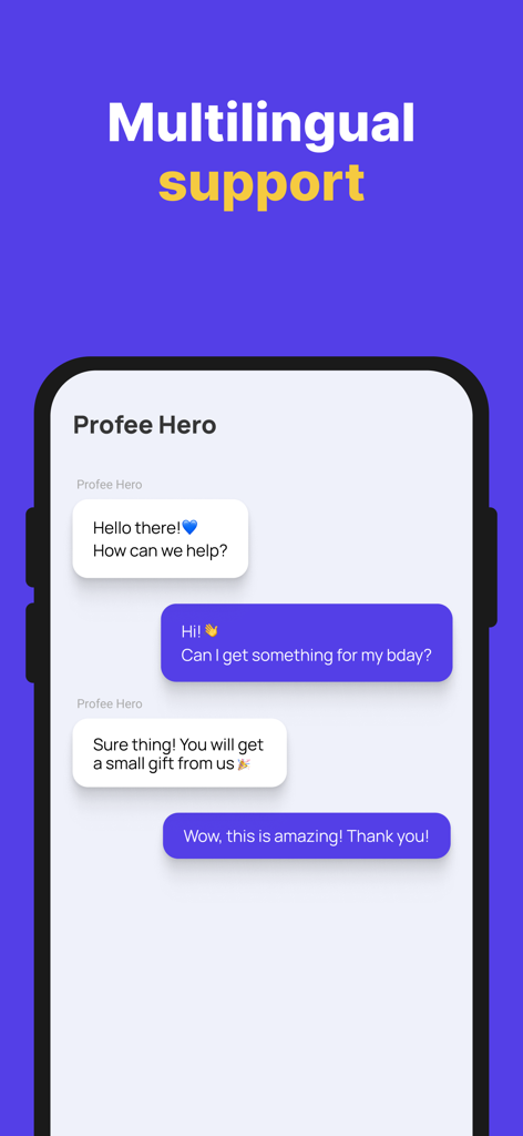 Profee app interface showing multilingual chat support with Profee Hero