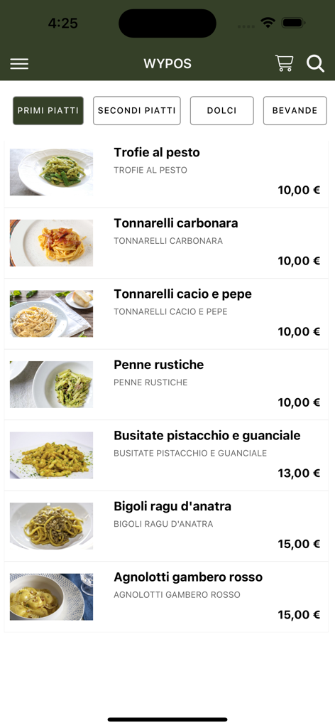 Wydelivery Cloud - Mobile app interface of Wydelivery Cloud showing a digital menu with various pasta dishes like carbonara and pesto with prices in euros