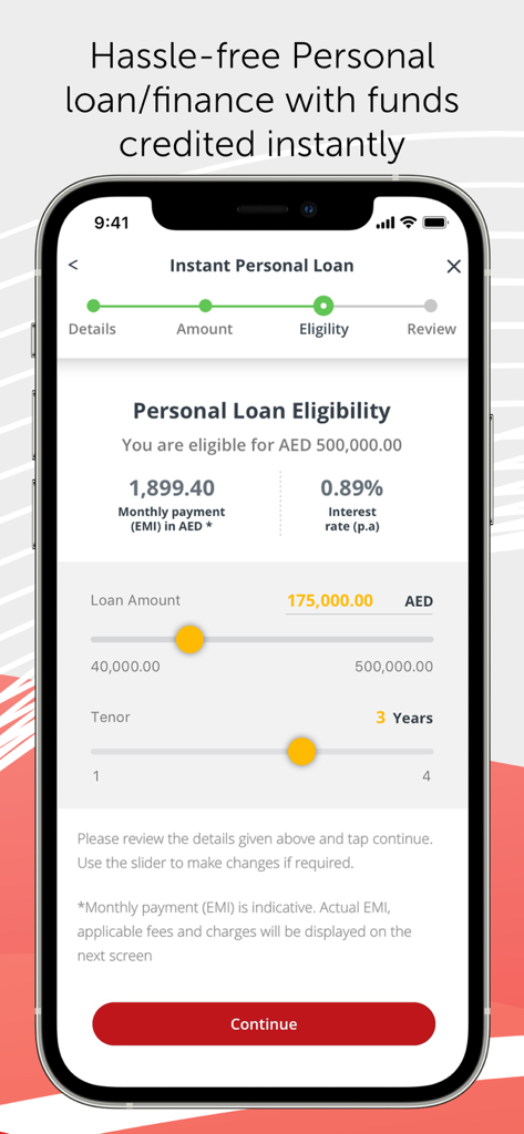 ADCB - Interfaz de la aplicación móvil ADCB que muestra la pantalla de elegibilidad para préstamos personales instantáneos con controles deslizantes de monto y plazo del préstamo.