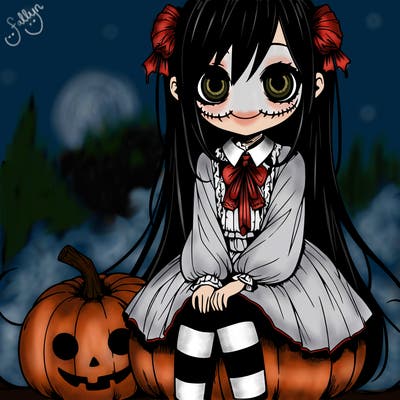 creepy anime woman sitting on a pumpkin