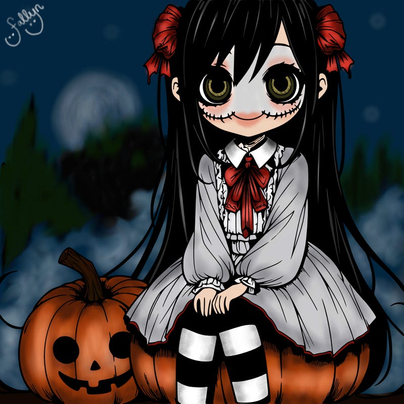 creepy anime woman sitting on a pumpkin