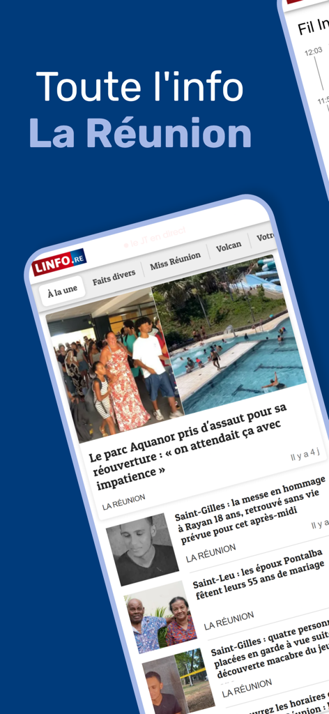 Interfaz de la aplicación de noticias Linfo mostrando historias y categorías locales de La Reunión