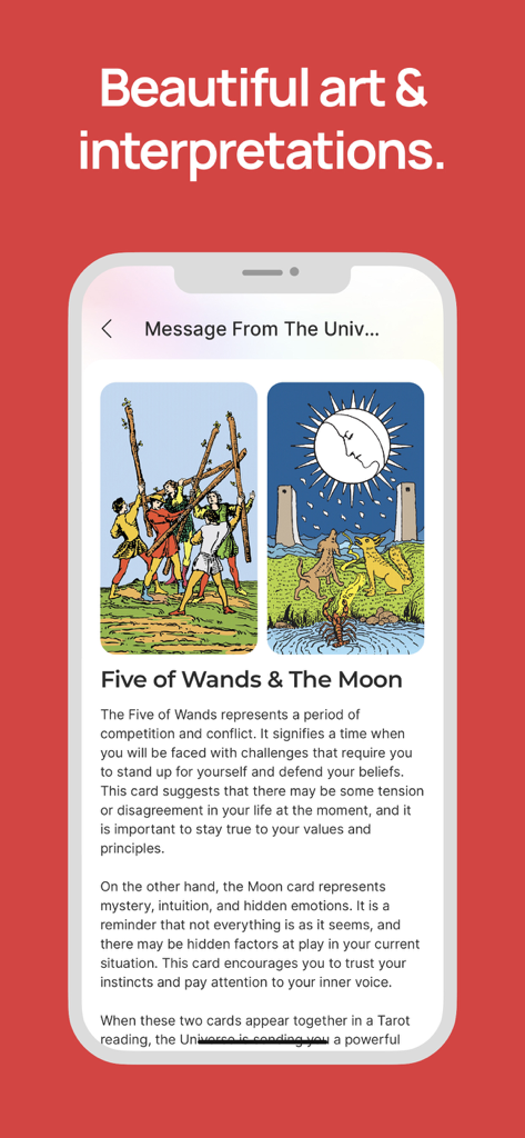 Tarot card reading interface showing the Five of Wands and The Moon with detailed interpretations