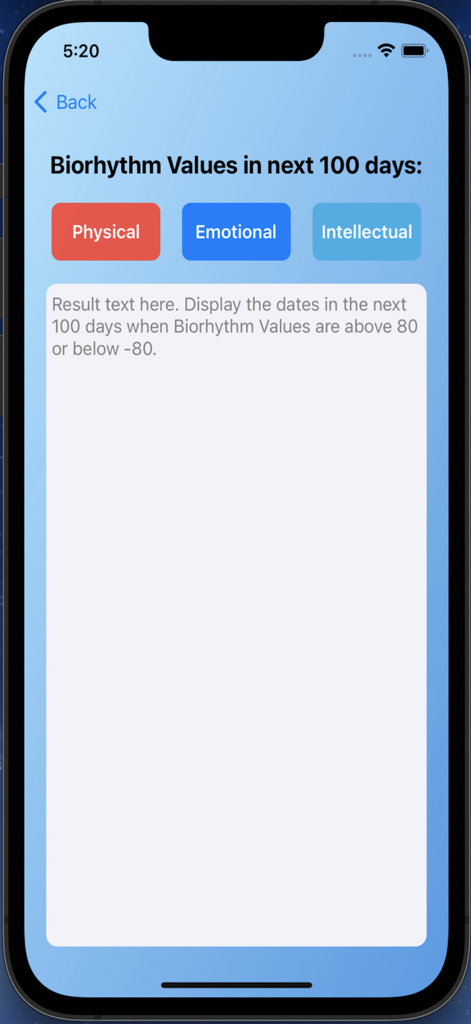 Pantalla de la aplicación Bio-PC que muestra valores de biorritmos para ciclos físicos, emocionales e intelectuales durante los próximos 100 días.