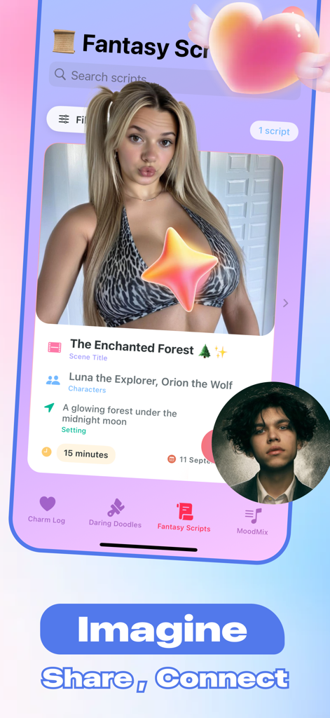 Bloom Chat - Make New Friends - Interface de l'application mobile Bloom Chat affichant la fonctionnalité Fantasy Scripts pour des interactions sociales et des partages créatifs.