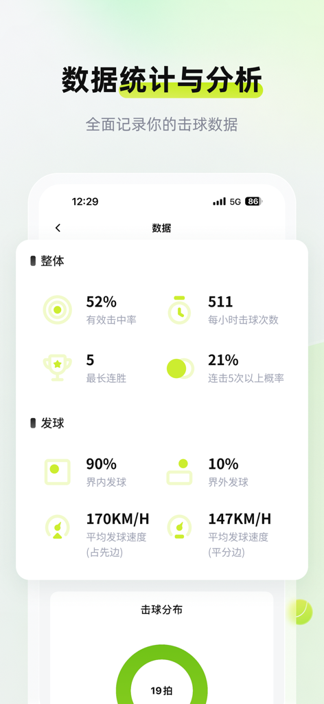 Xiao Hei Pai app dashboard showing detailed tennis performance statistics including serve speed and hitting accuracy.