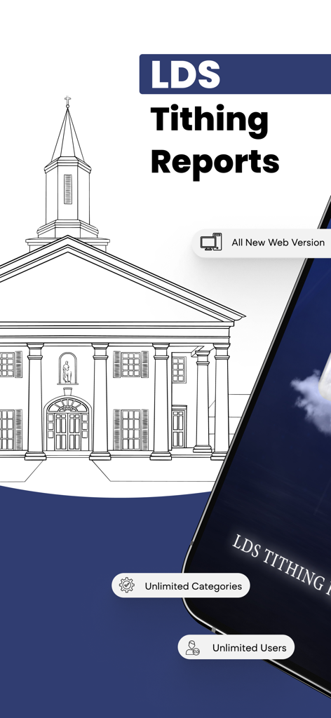 LDS Tithing Reports app screen featuring a church building illustration and feature highlights like web version and unlimited users