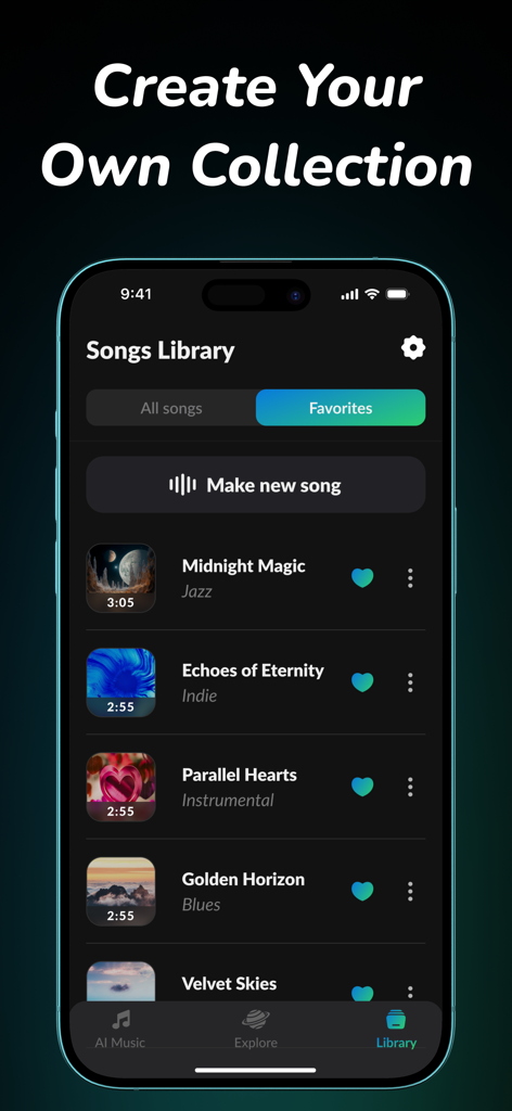 Interface of the AI Song Maker app showing a personalized library of generated songs