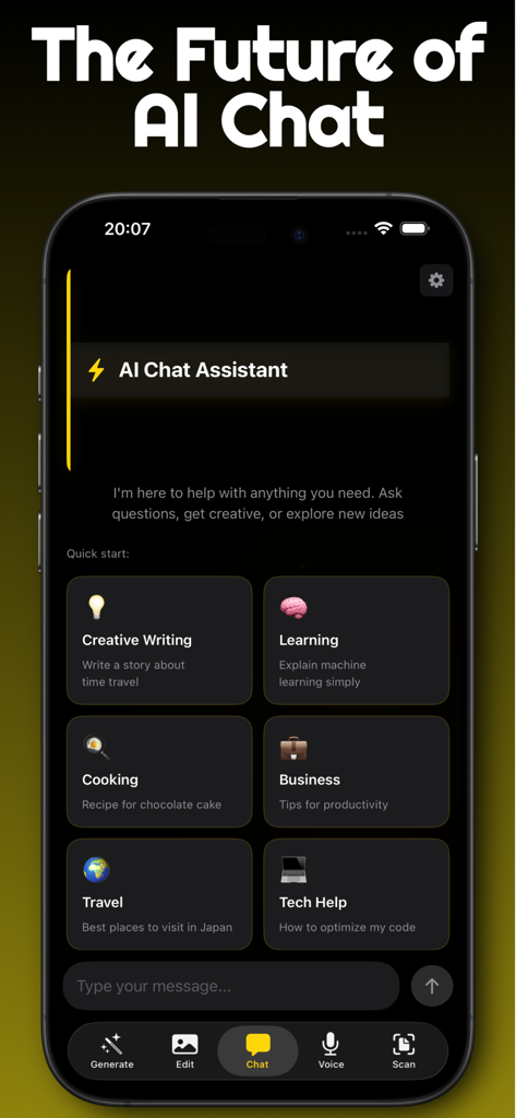 Vidnoz AI Image Generator - Captura de pantalla de la aplicación Vidnoz AI mostrando la interfaz del Asistente de Chat AI con categorías de indicaciones creativas y profesionales