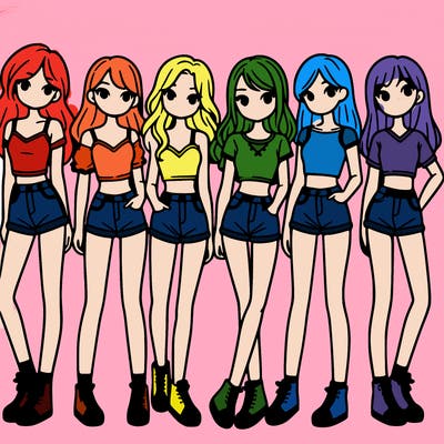 a group of girls wearing crop tops and shorts