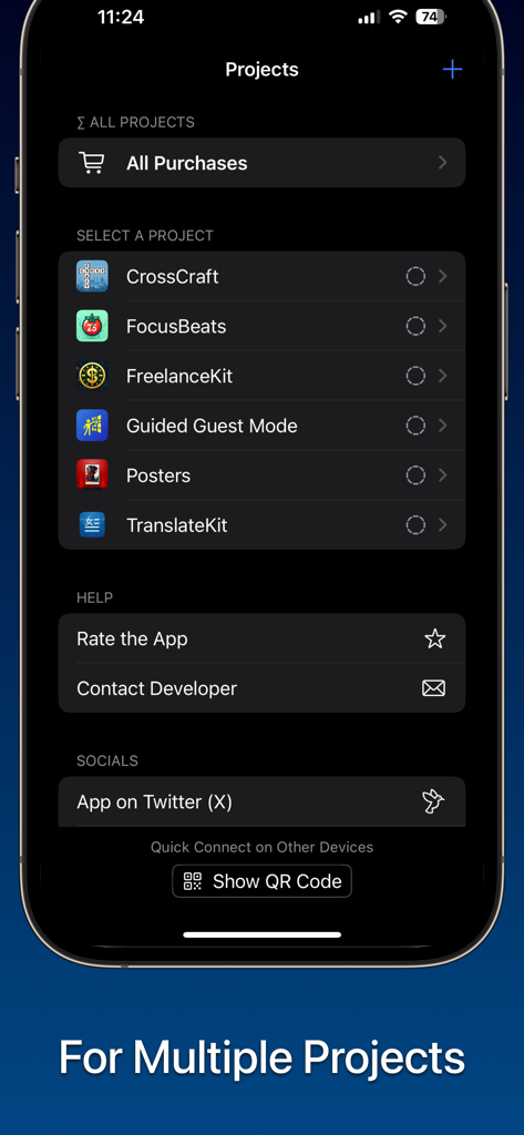 FreemiumKit: In-App Purchases - Interfaccia dell'app FreemiumKit che mostra un elenco di progetti di sviluppatori multipli per la gestione degli acquisti in-app
