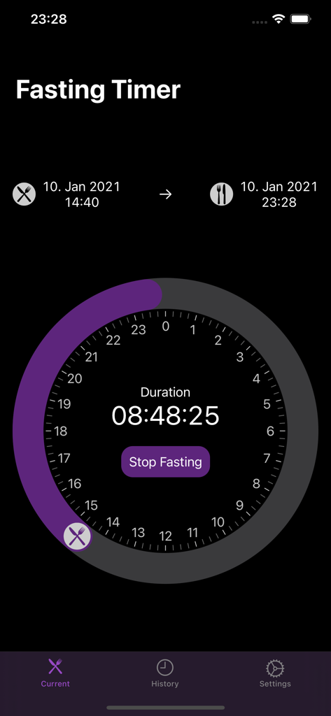 Fasting-Timer - Intermittent fasting tracker dashboard with circular progress dial and duration