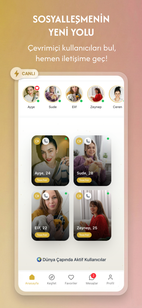 Nasip - Görüntülü Sohbet - Tela inicial do aplicativo Nasip mostrando perfis de usuárias online com opções de bate-papo ao vivo