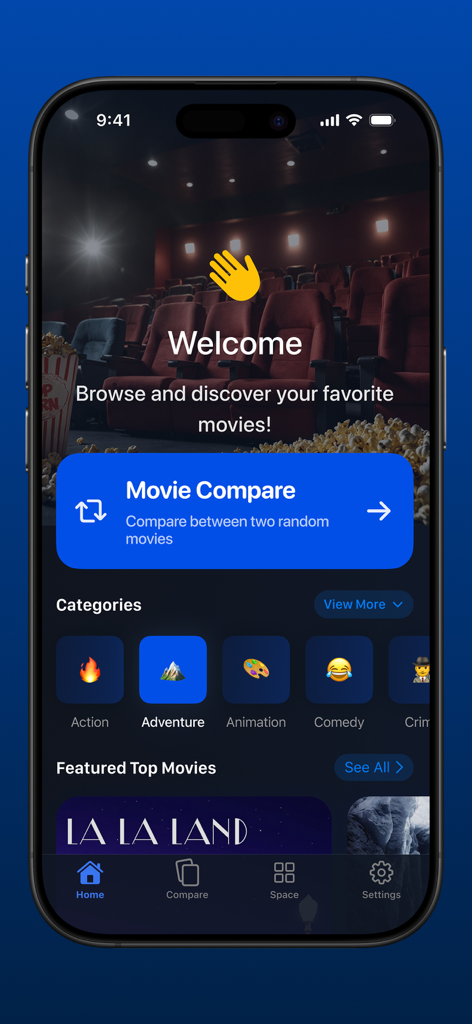 Mags TV - Mags TV app home screen showing movie comparison tool and genre categories