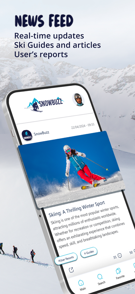 SnowBuzz - Interfaz de la aplicación SnowBuzz mostrando un feed de noticias con artículos de esquí y actualizaciones en tiempo real sobre un fondo de montaña nevado.