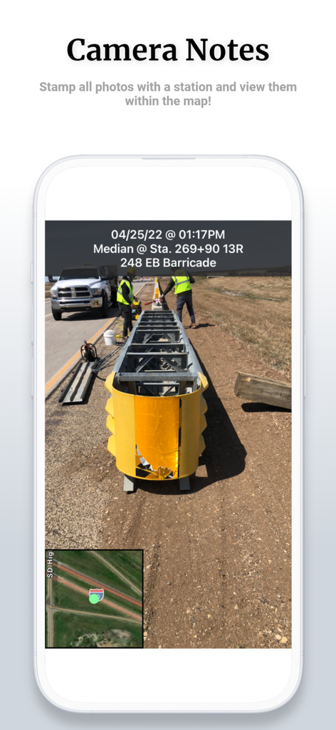 OnStation - Digital Stationing - Interface of the OnStation app showing a construction photo stamped with station, date, and GPS location data.