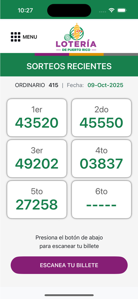 Lotería de Puerto Rico - Interfaz de la aplicación móvil que muestra los números ganadores recientes de la lotería de Puerto Rico y un botón para escanear billetes.