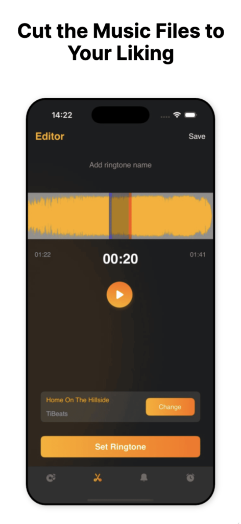 TiBeats: Music Player Offline - Pantalla de la aplicación TiBeats para cortar archivos de audio y crear tonos de llamada personalizados.