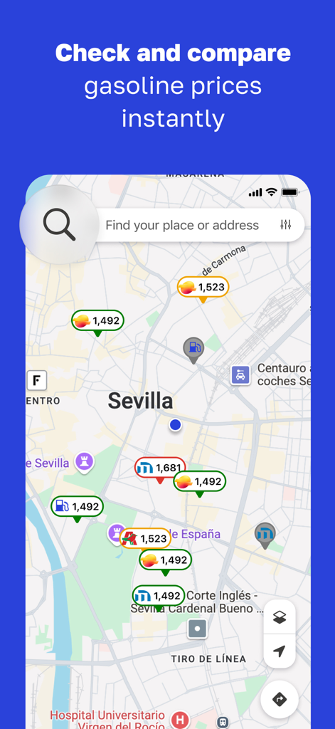 Aplicación móvil GasAll mostrando un mapa de gasolineras y precios de combustible en tiempo real en Sevilla, España