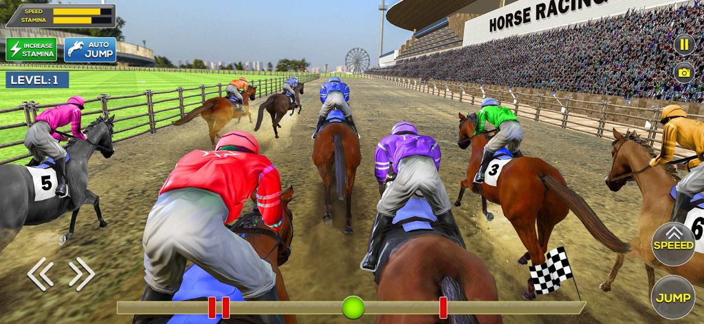 Jinetes y caballos corriendo en una pista en un juego deportivo de carreras de caballos