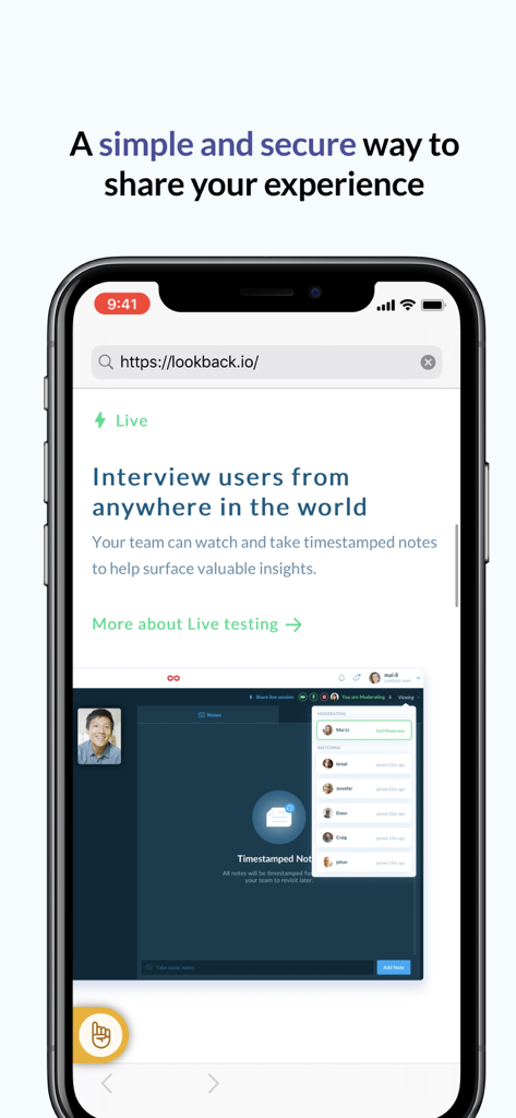 Lookback Participate - Lookback Participate App-Oberfläche auf einem iPhone, die Live-Nutertests und Research-Einblicke zeigt.