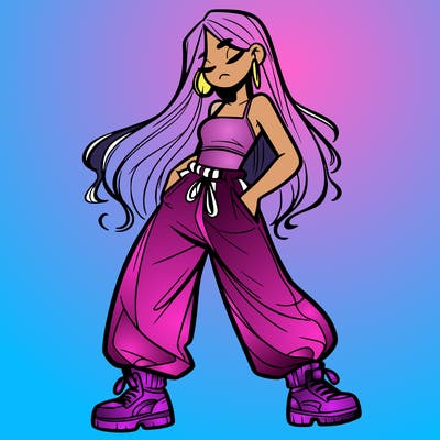 girl in baggy pants crop top and long hair