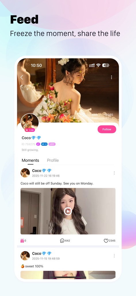 POYO - Live stream,Go Live - Screenshot of the POYO app feed showing a creator profile and their shared moments.