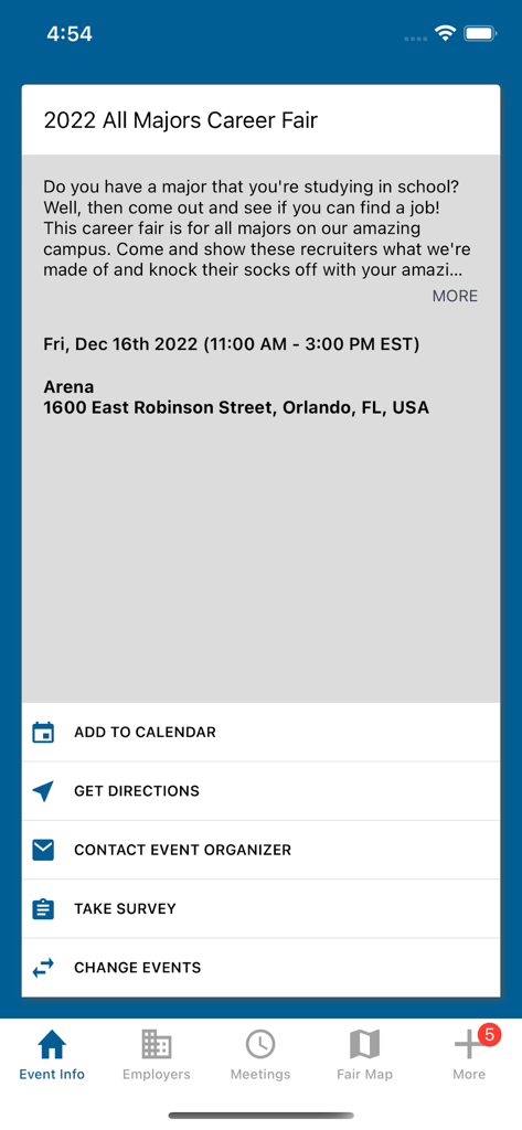 Career Fair Plus - Career Fair Plus app screen showing event details for an All Majors Career Fair including time and location.