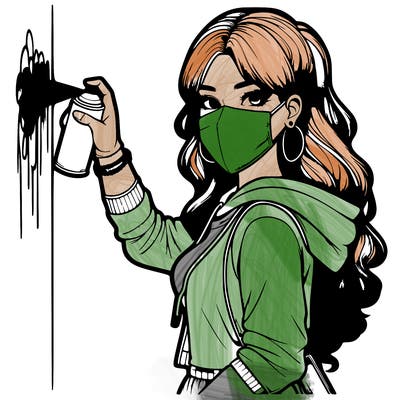 realistic girl with mask spray painting a wall