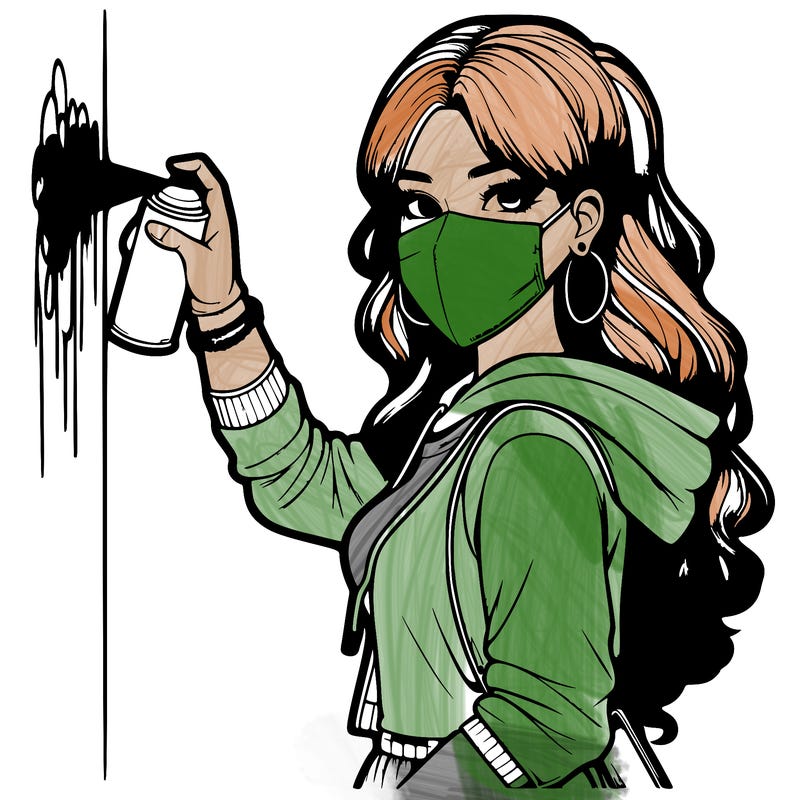 realistic girl with mask spray painting a wall