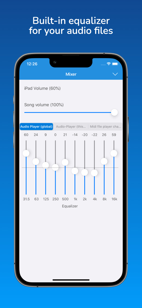 SongBook+ - Interfaz del ecualizador de audio y mezclador incorporado de la aplicación SongBook plus.