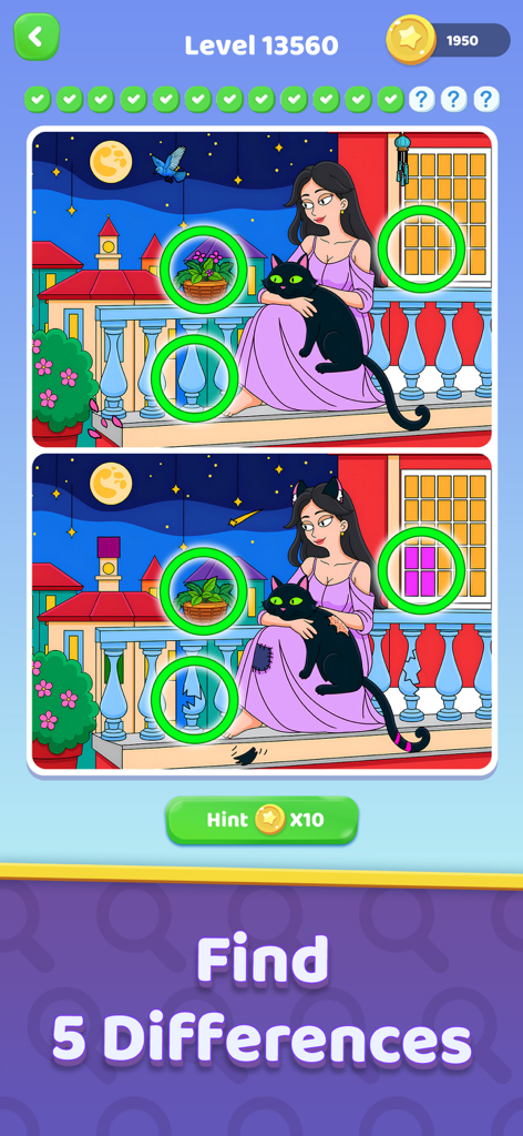 Nivel de juego de rompecabezas "Encuentra 5 diferencias" con una mujer y un gato negro en un balcón por la noche.