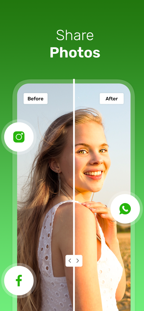 AI Enhancer -AI Photo Enhancer - Comparison of a portrait photo before and after AI enhancement with social media sharing icons