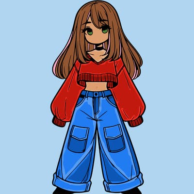 cute girl with straight hair in baggy jeans and a crop top and a sweater