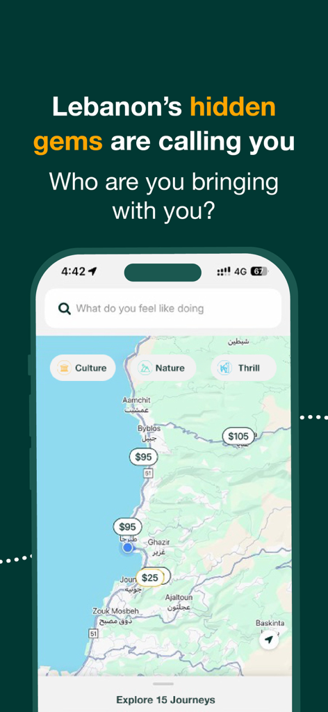 guideit: Connect & Explore - Mobile app screen showing a map of Lebanon with pins for local travel experiences and price tags