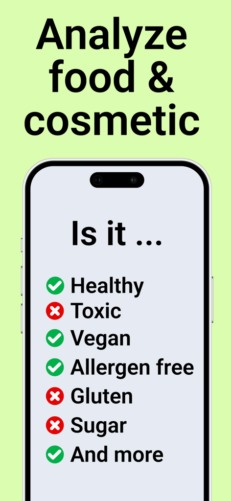 Ingredient Checker app screen displaying analysis categories for healthy vegan and allergen free food and cosmetics