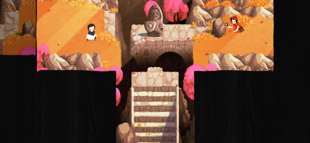 A top-down gameplay screenshot of Paper Trail NETFLIX featuring two characters in a colorful watercolor and paper-fold environment.