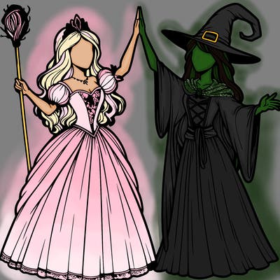 detailed realistic split of a princess and a witch