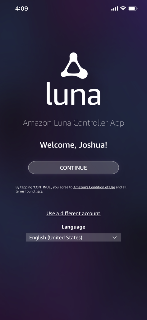 Amazon Luna Controller app welcome screen